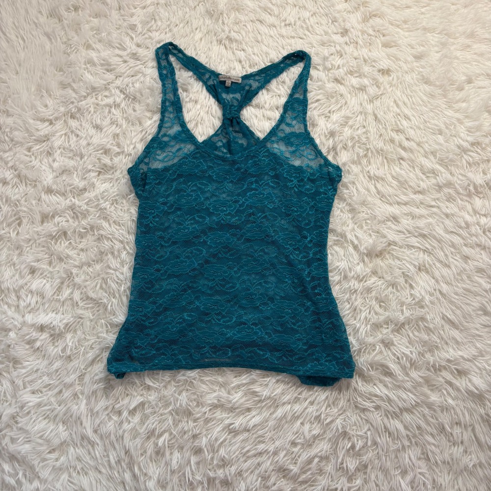 y2k dark teal turquoise sheer floral lace tank top large
